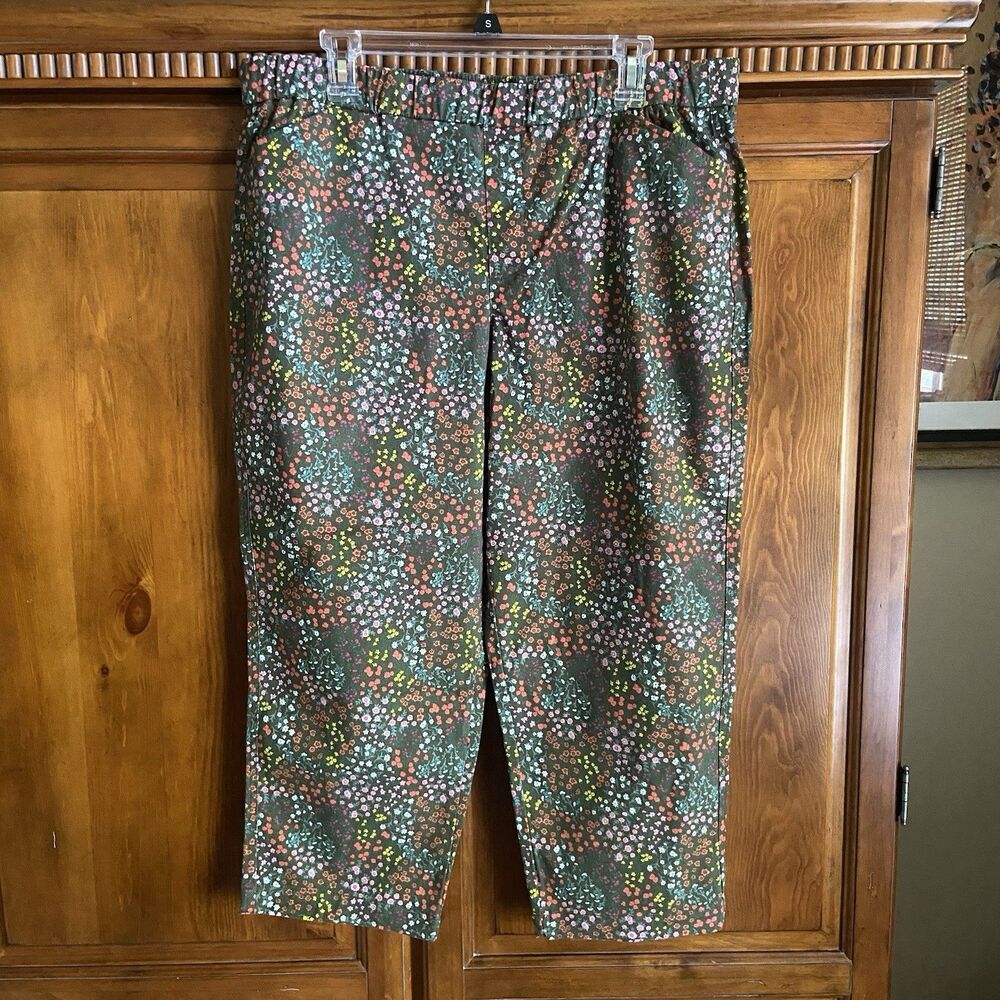 Lands End Mid Rise Pull-On Chino Crop Pants Petite 16 16P Brown Floral Cotton